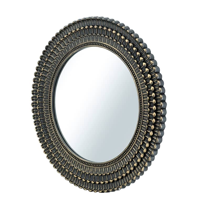 D26.5" Round Black And Gold Wooden Accent Mirror With Woven Texture - Black+Gold