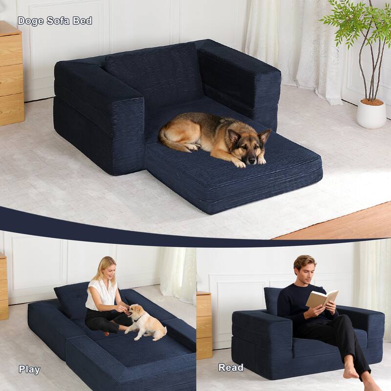 Compression Human Dog Sofa Bed for Adult & Pets, Modern Floor Couch With Pillow for Living Room Bedroom, Corduroy Fabric