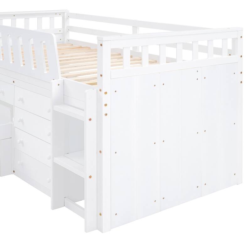 Space-Saving Twin Loft and Platform Bed with 7 Drawers and Full Guardrails in White