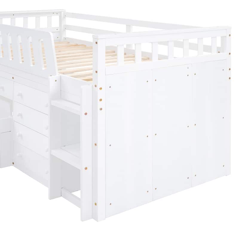 White Twin Size Solid Wood L-shaped Loft Bed with Drawers