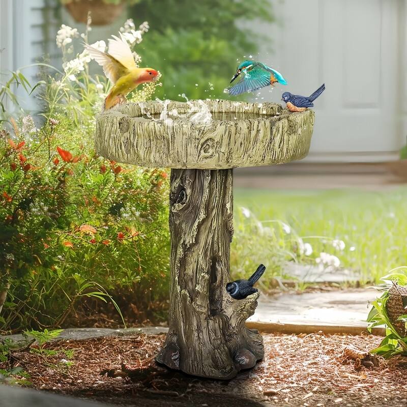 SunJet 24.4" H Fiber Reinforced Concrete Outdoor Garden Bird Bath - 24.4'' H X 18'' W X 18'' D - Brown