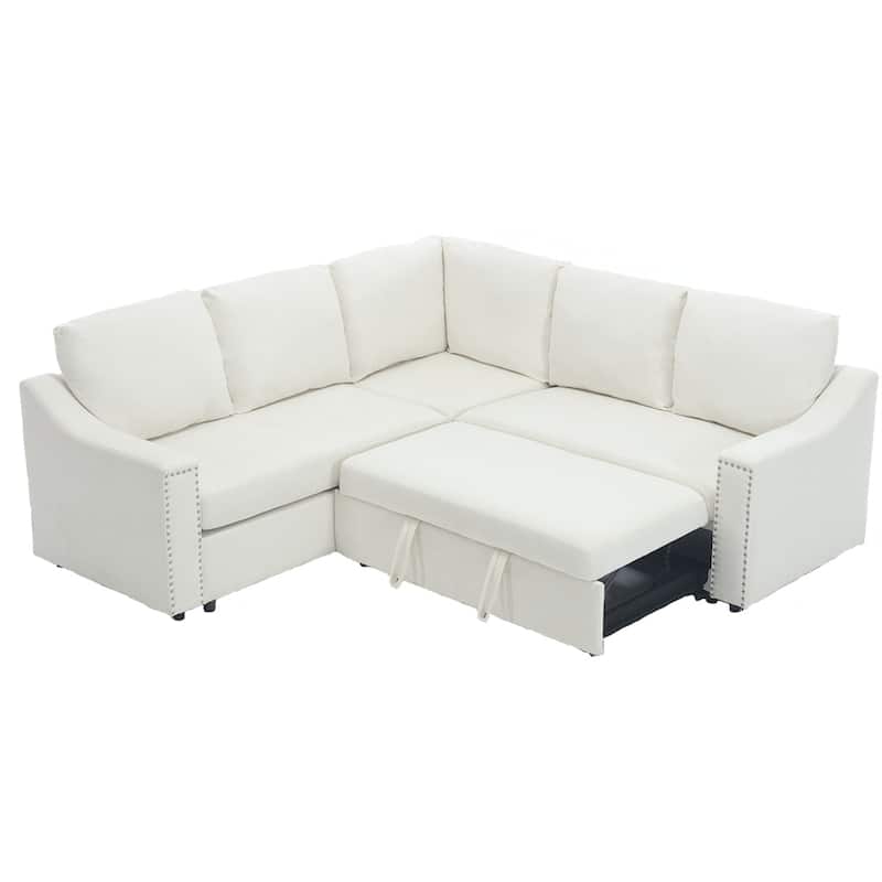 L Shaped Chenille Fabric Pull-out Sofa Bed, Corner Sofa with Pillows