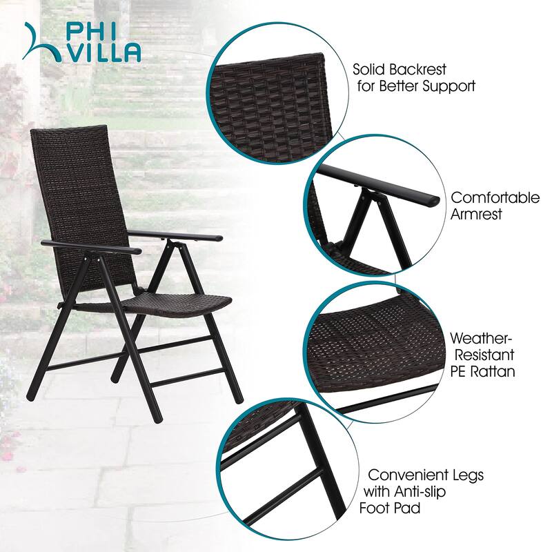 Outdoor Wicker Patio Folding Dining Chairs Set of 2, Adjustable Patio Rattan Recliner Wicker Chairs with High Backrest