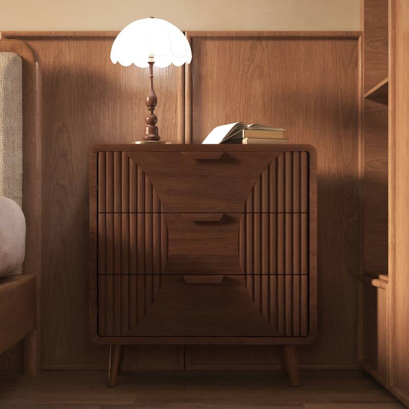 COSIEST Modern Brown Nightstand with Drawers - Plain and Strip - 3-drawer