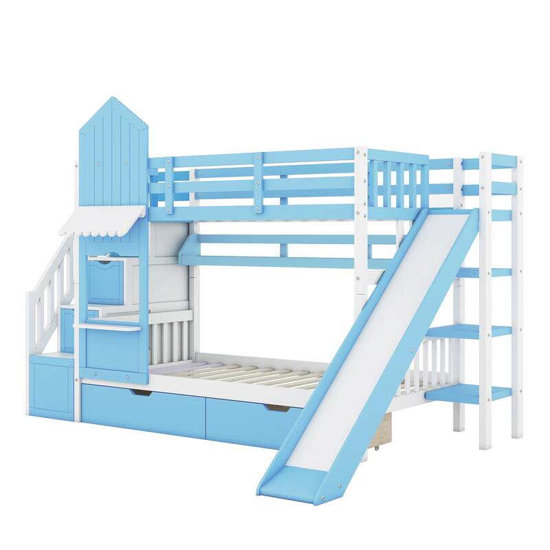 Twin-Over-Twin Castle Style Bunk Bed with 2 Drawers, 3 Shelves, and Slide - Blue