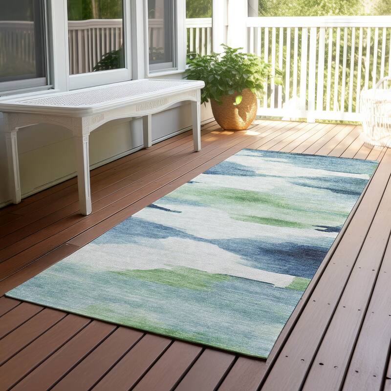 Machine Washable Indoor/ Outdoor Abstract Watercolor Chantille Rug - Blue - 2'3" x 7'6"