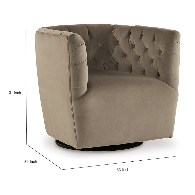 Heena Swivel Accent Chair, Brown Polyester, Tufted Barrel Back, Black Metal