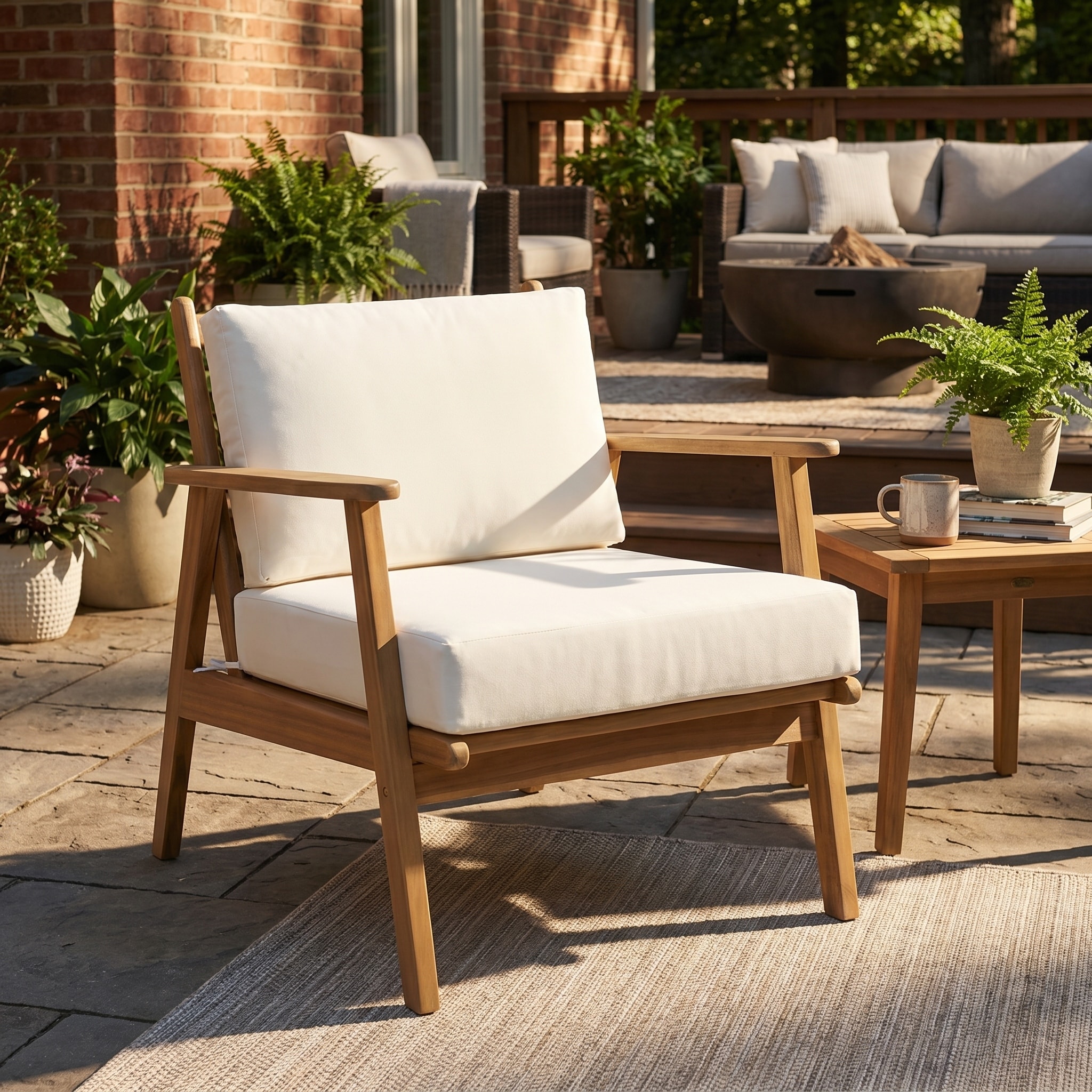 Christopher Knight Home - Savelli Mid-Century Outdoor Accent Chair, Acacia Wood Frame, Water-Resistant Cushions & Armrests