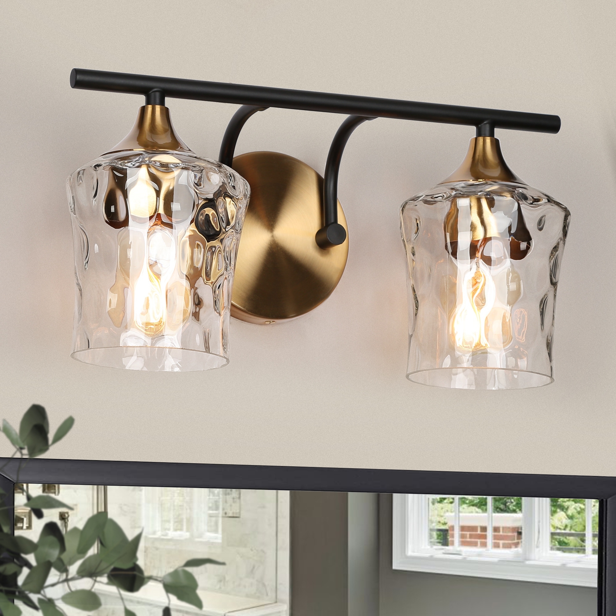 Modern 2-Light Black Gold Bathroom Vanity Lights with Hammered Glass Shades - L 14"x W 7"x H 7"