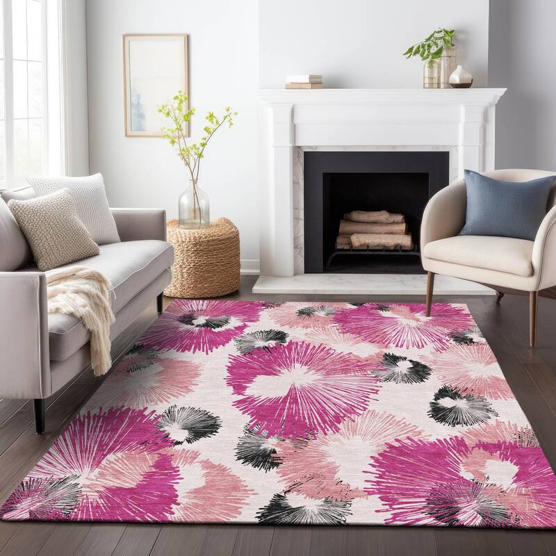 Machine Washable Indoor/Outdoor Modern Floral Chantille Rug