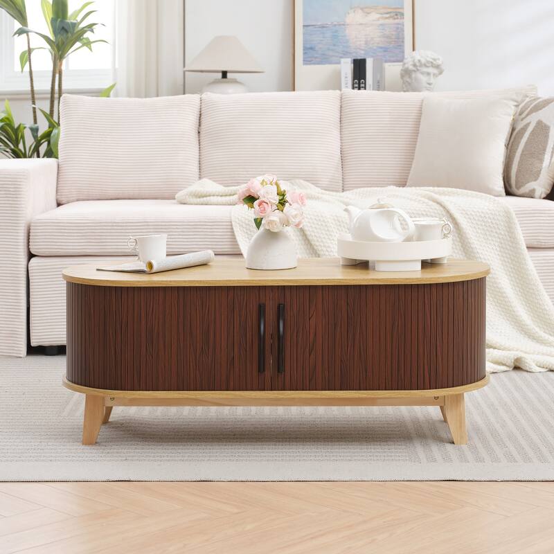 Sliding Door Coffee Table with Solid Wood Legs, Smooth Edges, and Ample Storage