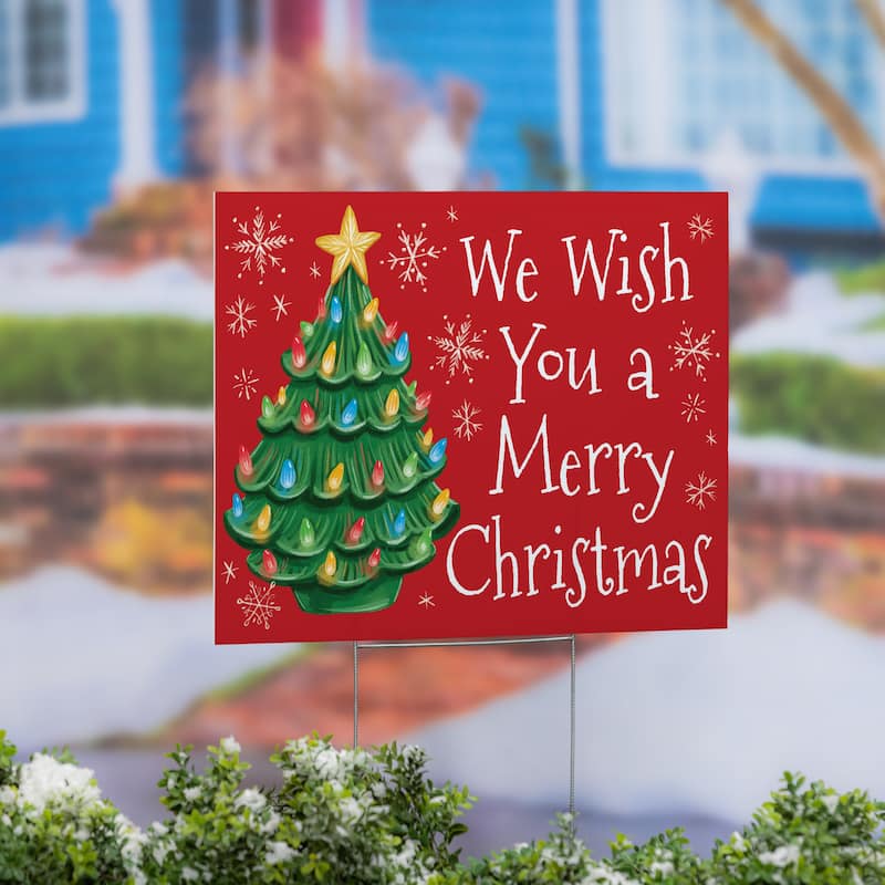 Nostalgia Christmas Tree Yard Sign - "We Wish You A Merry Christmas" - 24" x 18" - Multicolor
