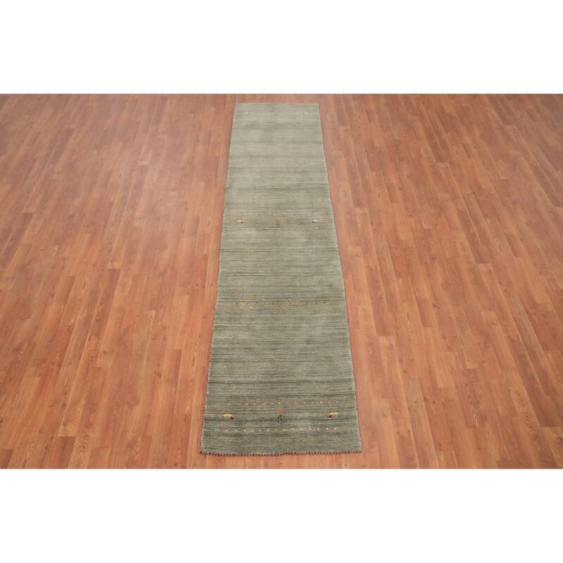 Hand Knotted Oriental 100% Wool Carpet Tribal Animal Pictorial Green Gabbeh Runner Rug - 9' 8'' X 2' 4''