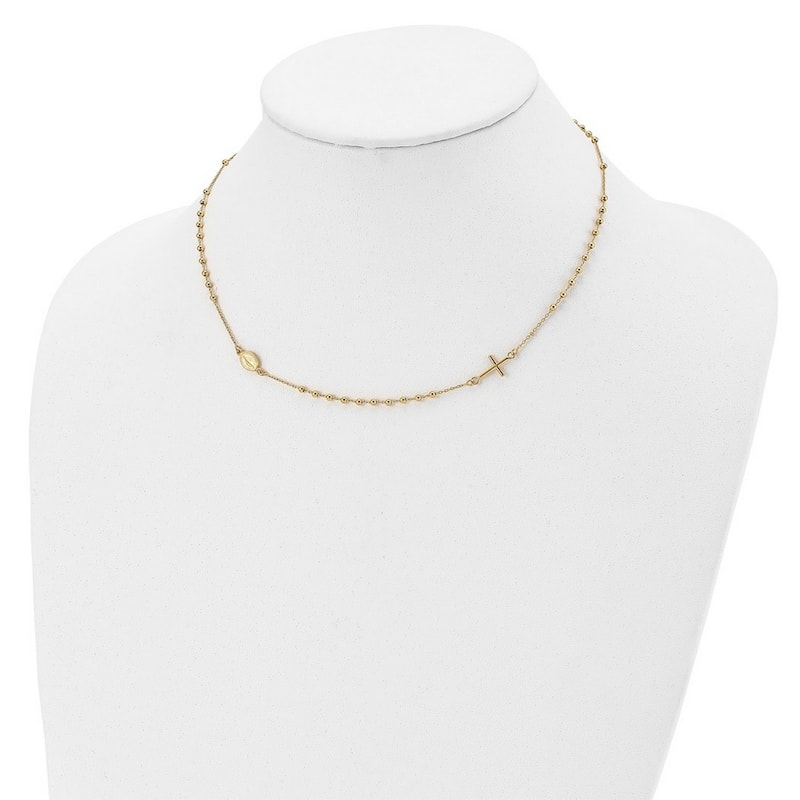 Curata 14k Yellow Gold Sideways Cross Beaded Rosary Style Necklace, 16.5"