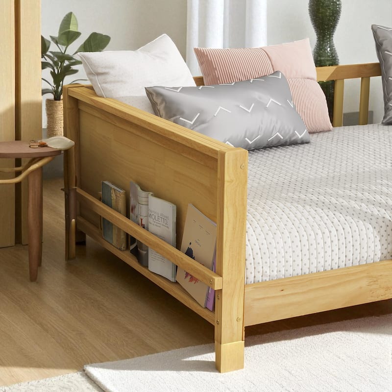 Twin Size Floor Platform Bed with Fence Rail and Built-in Book Rack, Wood Slat Support