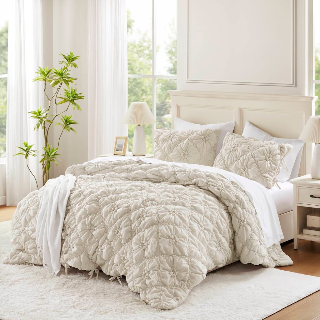 3PCS King Textured Floral Comforter Set Puffy Design All Season Comfort OEKO TEX Certified