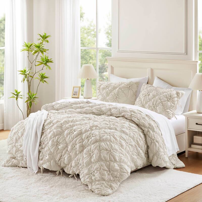 Rossetta 3-Piece King Extured Floral Cozy Puffy Design Comforter Set - Ivory