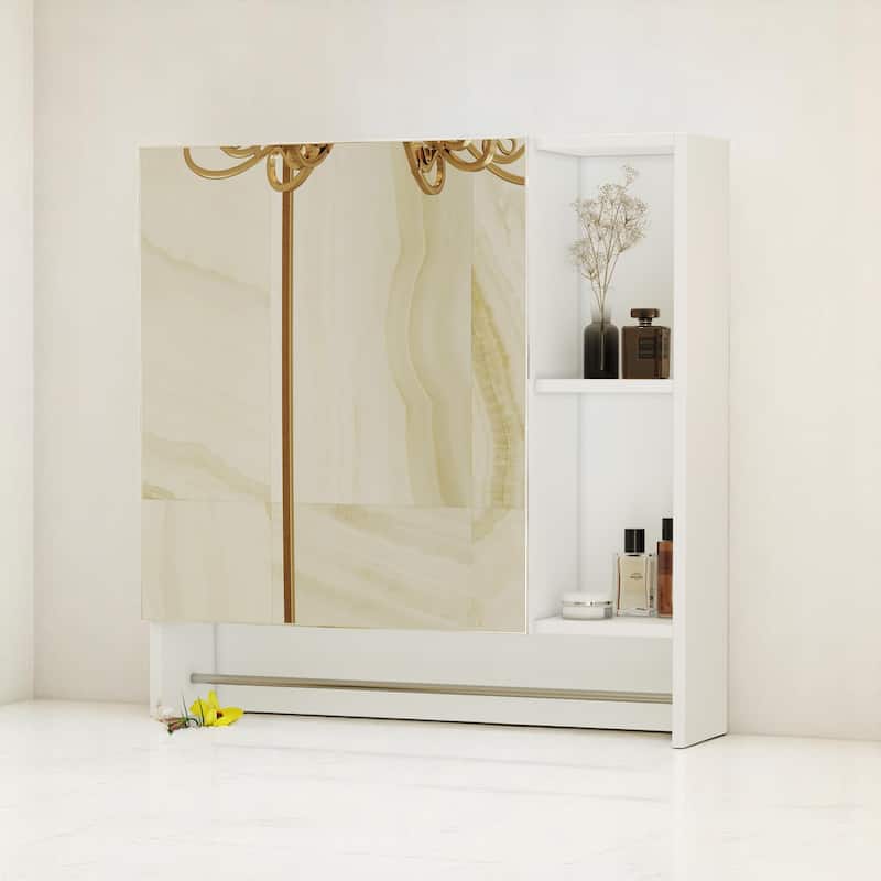 Medicine Cabinet with Mirror, Over The Toilet Wall Storage Cabinet with Towel Bar and Open Shelves - White