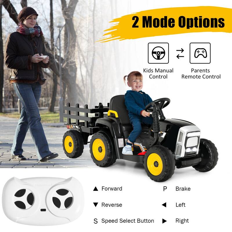 12V Rechargeable Battery Kids Ride-On Tractor with Trailer and Parental Remote Safety Belt - 53" x 20" x 20.5"