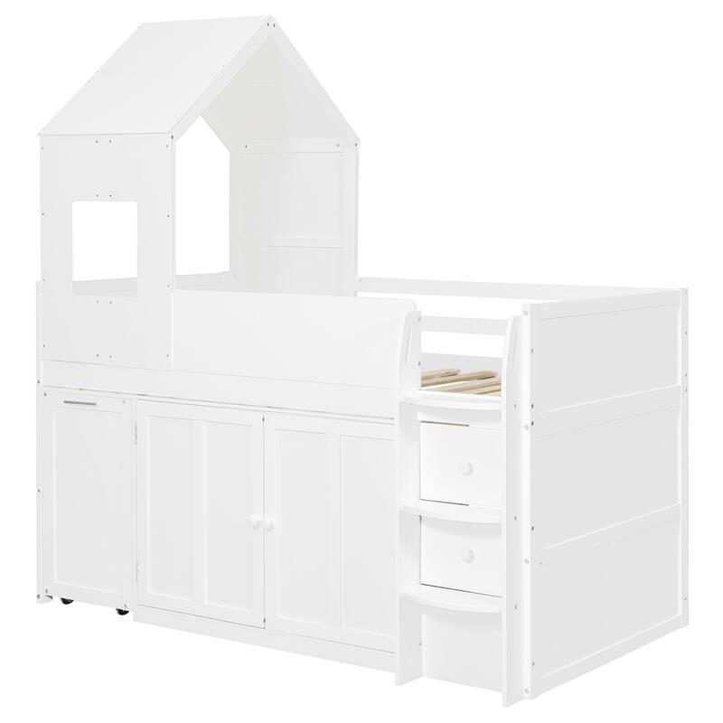 Roomfitters Twin Size House Loft Bed with Rolling Desk, Storage Cabinets and Staircase, All-in-One Space Saving Sleeper