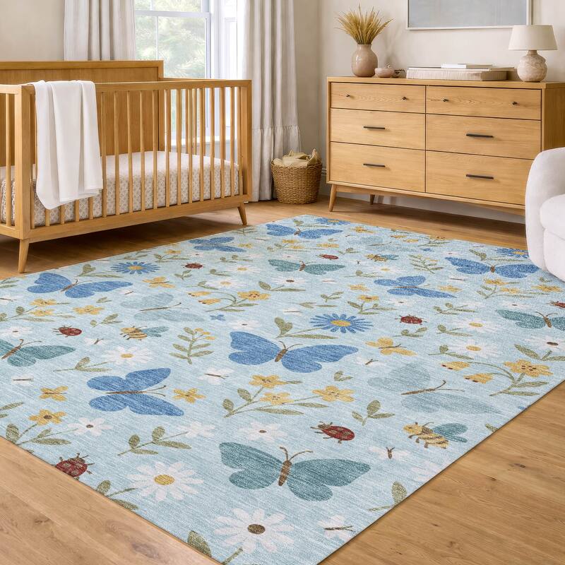 Machine Washable Indoor/ Outdoor Whimsy Butterfly Chantille Rug