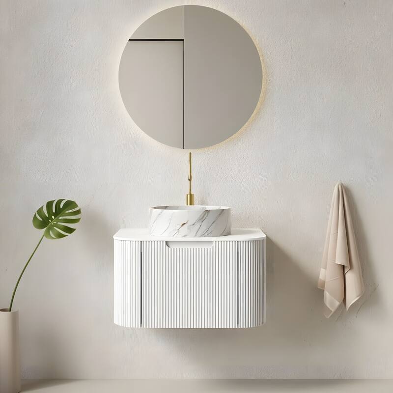 Floating Bathroom with Round Ceramic Basin and Storage Drawer - 24 - White