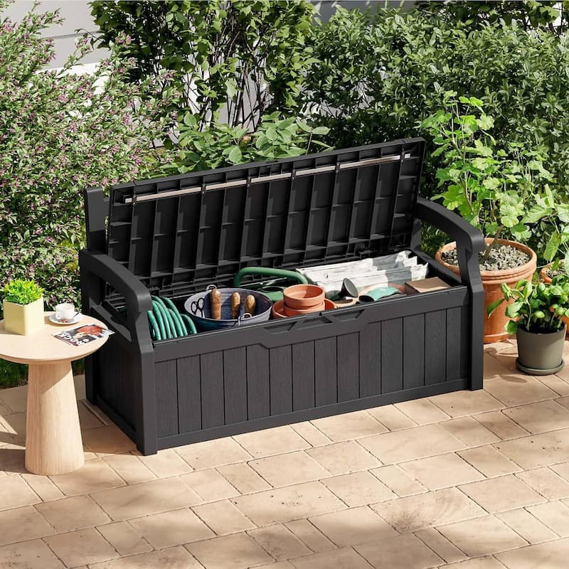Plastic Outdoor Patio Garden Storage Bench with Lockable Lid 70-Gallon - 23.2 D" x 53.1" W x 31.5" H