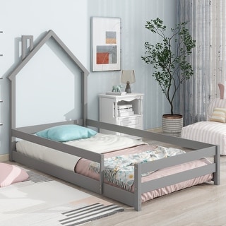 Wood Bed with House-Shaped Headboard Floor Bed with Fences