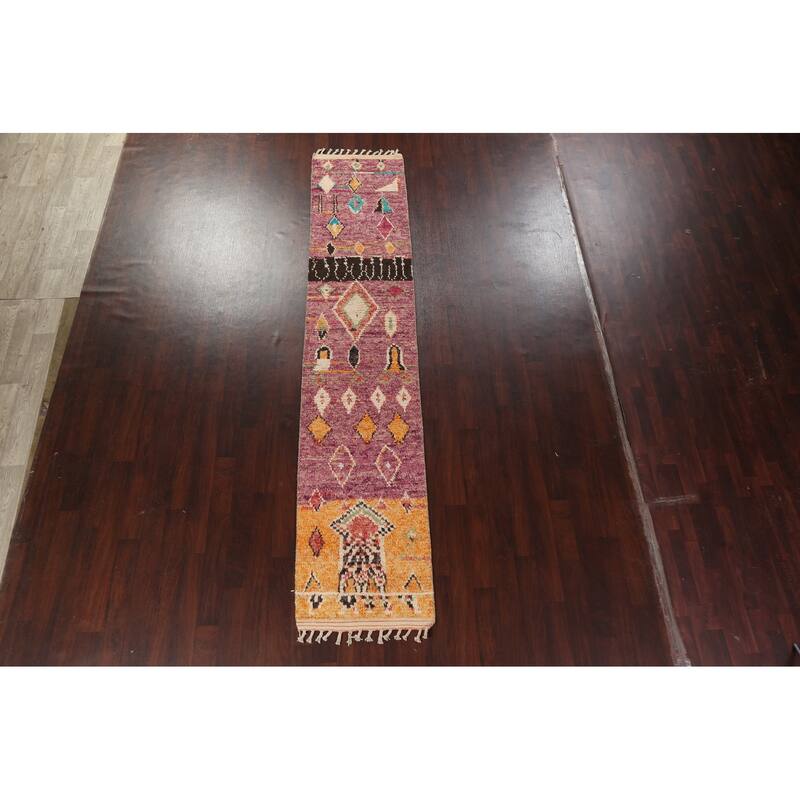 Tribal Geometric Moroccan Oriental Wool Runner Rug Hand-knotted Carpet - 2'6" x 12'7"