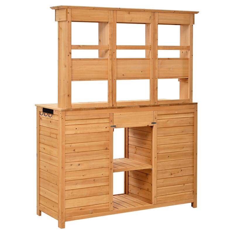 Garden Potting Bench Table with Hutch,Patio Storage Workstation with 3 Shelves,6 Drawers,2 Bottom Cabinets&Side Hooks