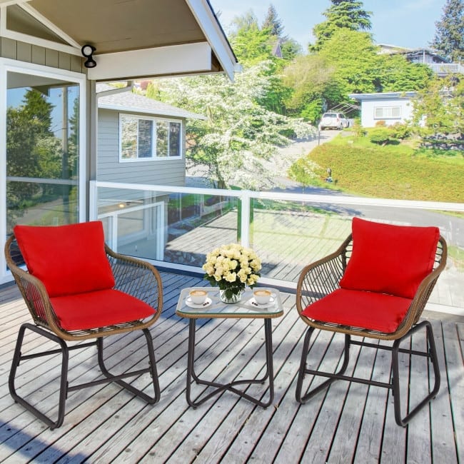 3 Pieces Patio Rattan Bistro Set Cushioned Chair Glass Table Deck - 22'' x 24.5'' x 31'' (L x W x H)