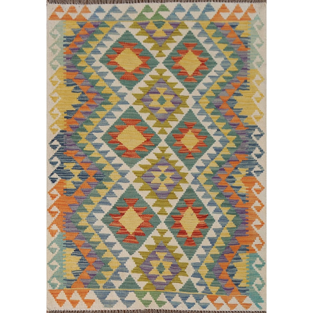 Reversible Kilim Accent Rug Hand-Woven Wool Carpet - 3'6"x 4'10"