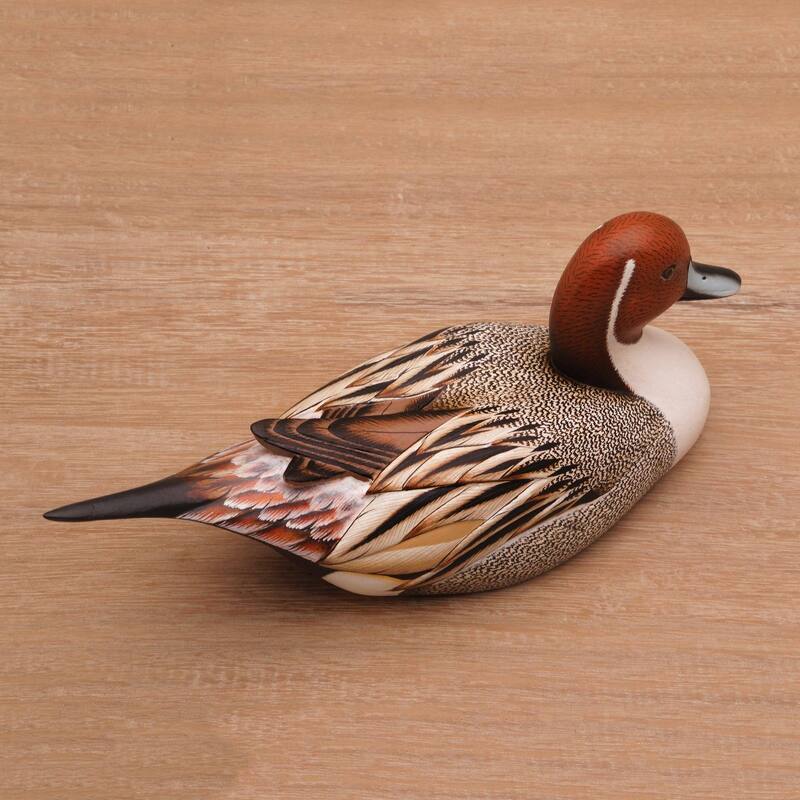 NOVICA Handmade Pintail Duck Wood Statuette (Indonesia) - 4.1" H x 10.75" W x 3.5" D