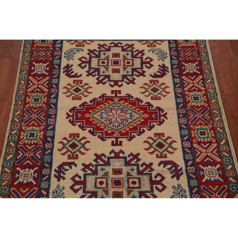 Traditional Kazak Foyer Rug Hand-Knotted Beige Wool Carpet - 2'8"x 4'0"