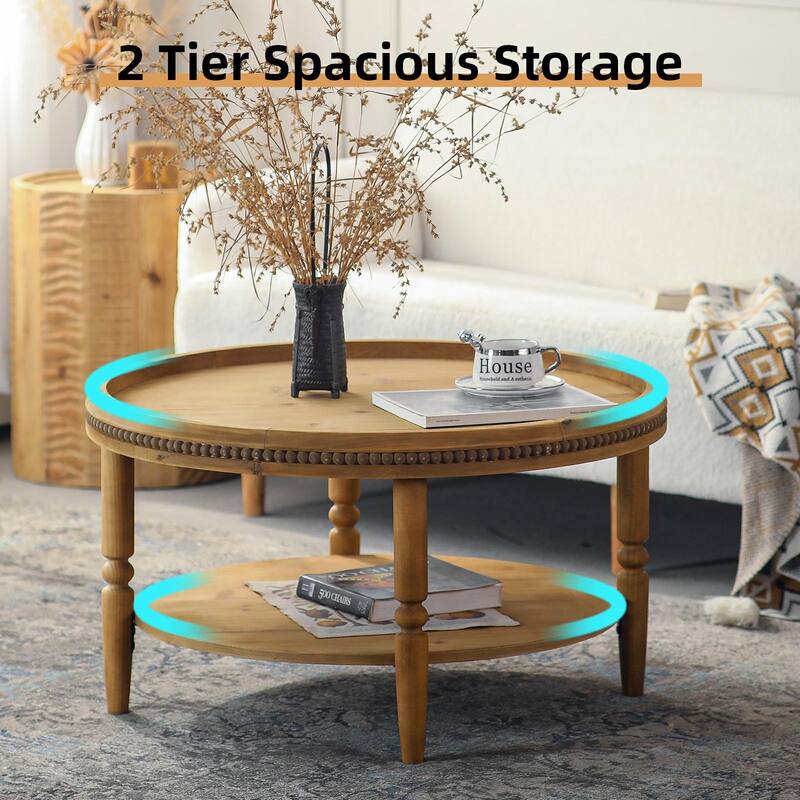 31.3" Round Boho Coffee Table - Rustic 2-Tier Wood Accent Table with Storage Shelf & Beaded Edge