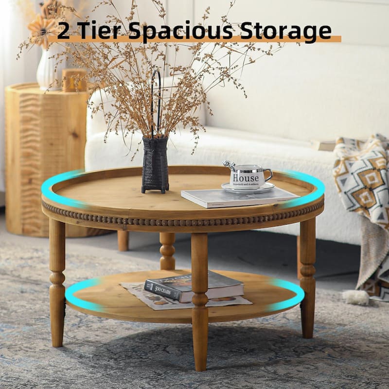 31.3" Round Boho Coffee Table with Storage Shelf - 2-Tier Accent Table with Beaded Trim & Curved Solid Wood Legs
