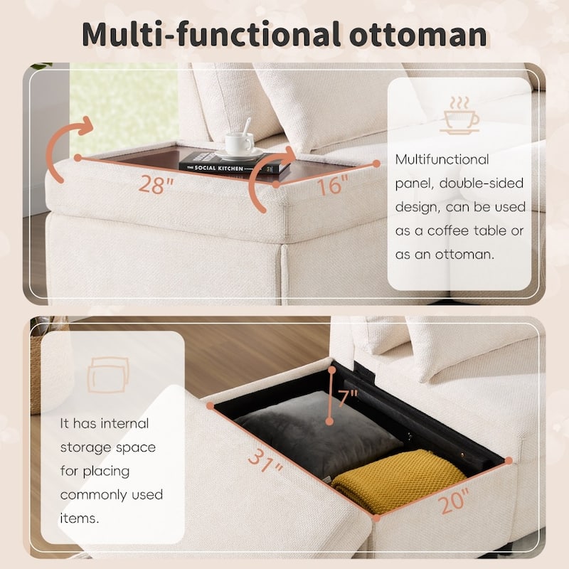 107'' Modular Chenille L-shape Sectional Sofa with Pull-out Sofa and Storage Ottoman