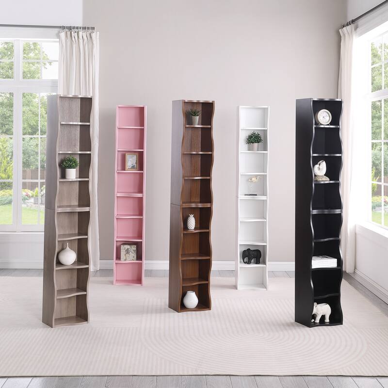 Anmytek White Wave Design Ladder Shelf - 8 Tier Tall Narrow Bookcase for Small Spaces with Anti Tip Kit