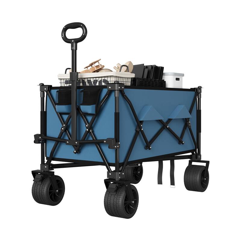 Folding All Terrain Utility Wagon Cart with Wheels and Cup Holders - Blue