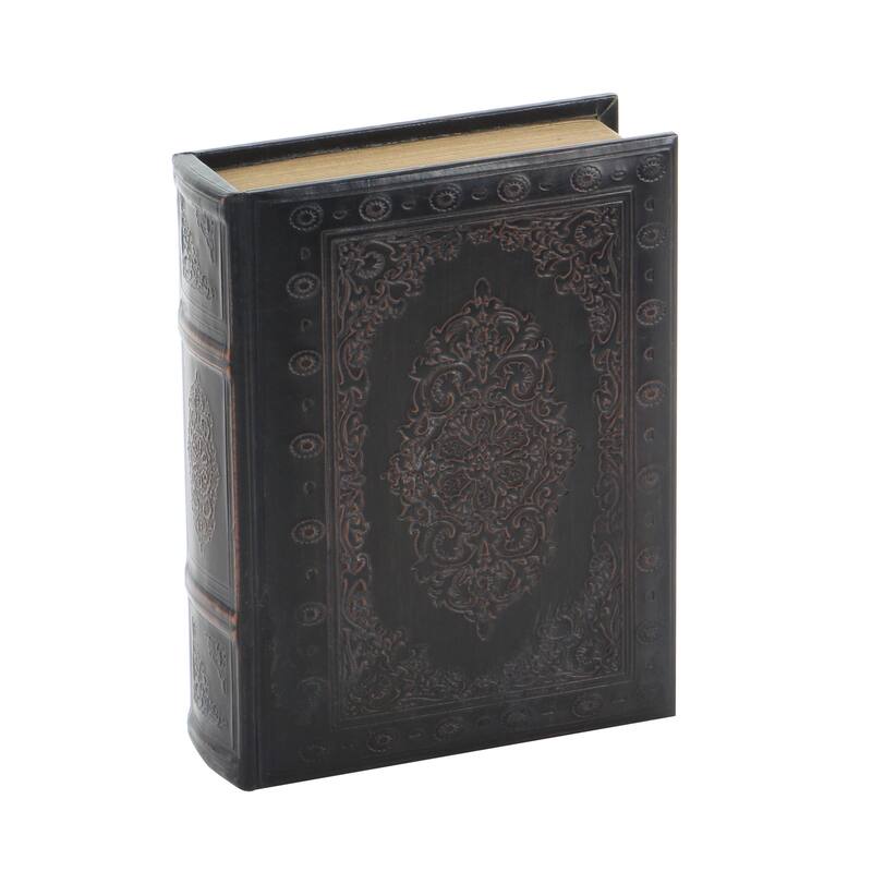 Dark Brown Wooden Faux Storage Book Decorative Box with Faux Leather Detailing (Set of 3)