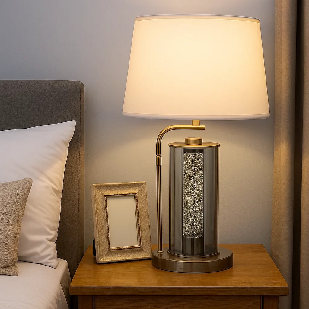 29 Inch Table Lamp with LED Night Light Stand, Glass, Antique Brass