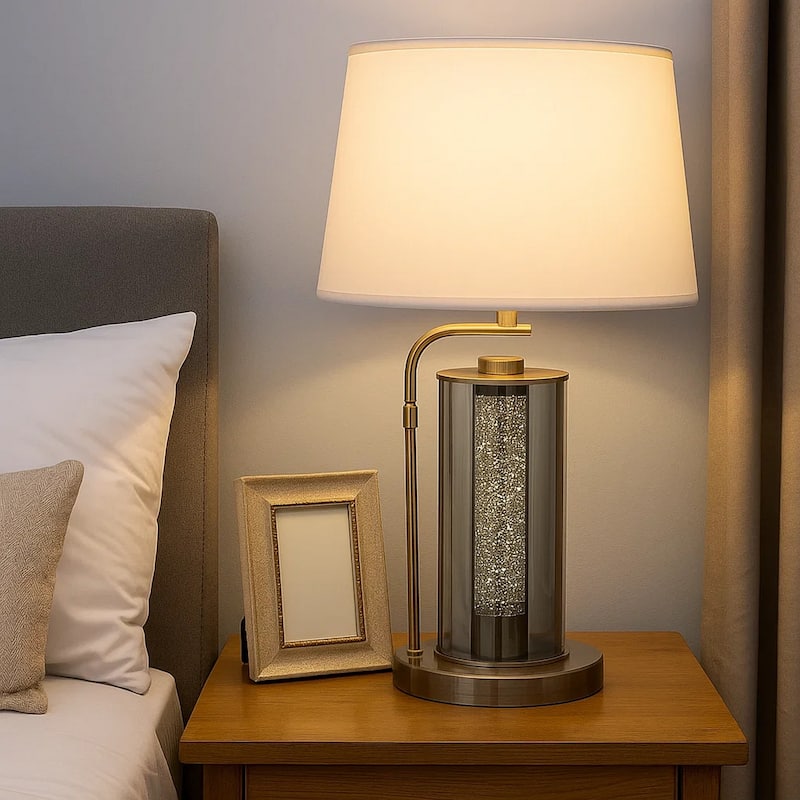 29 Inch Table Lamp with LED Night Light Stand, Glass, Antique Brass