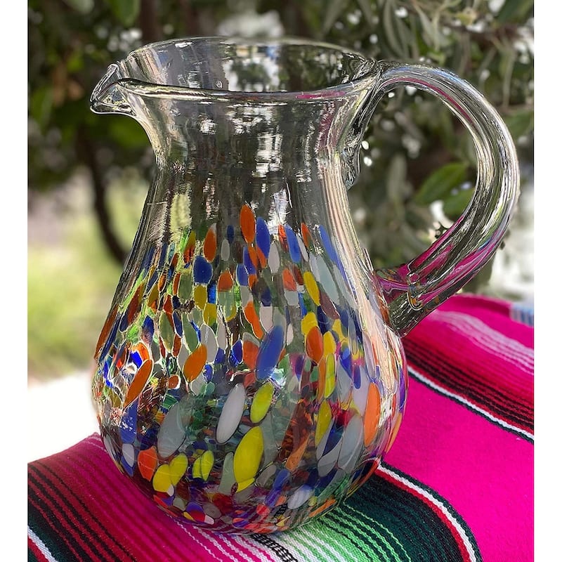 Dos Suenos Mexican Hand Blown Glass Pitcher - Confetti Carmen Design (84 oz)