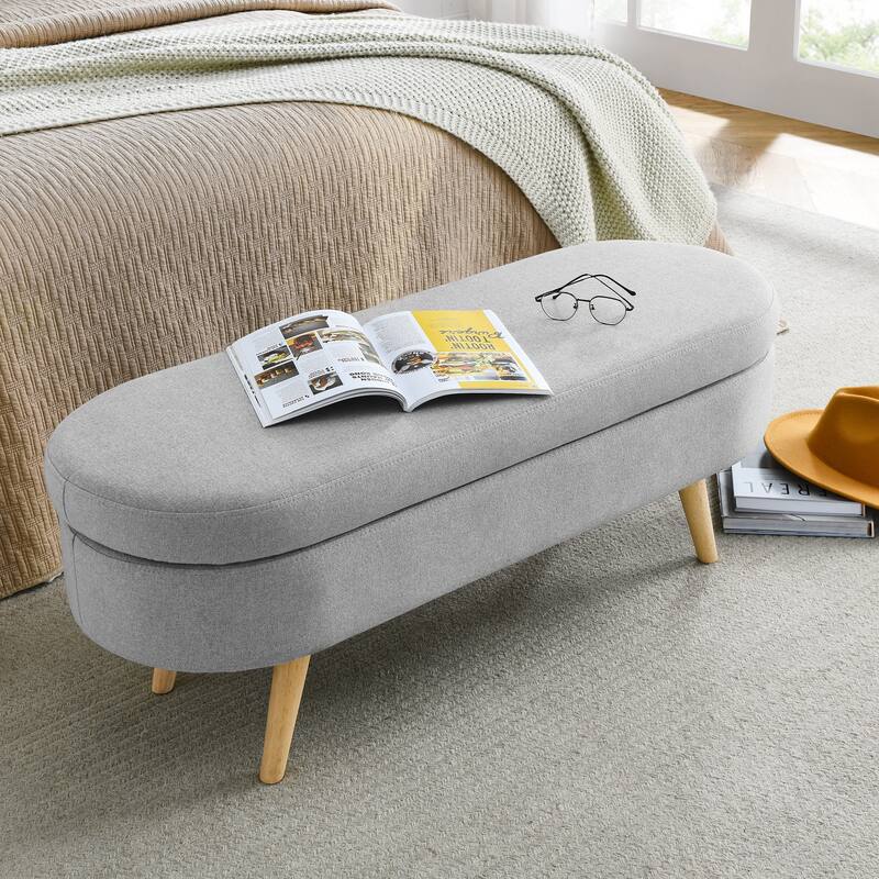GDFStudio - Emma Linen Pleated Storage Ottoman Bench with Durable Rubberwood Legs