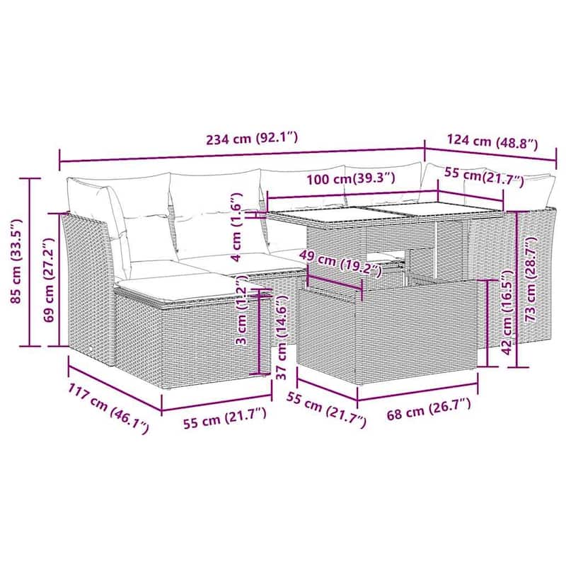 vidaXL 7 Piece Patio Sofa Set with Cushions Black Poly Rattan Acacia - 21.7 x 24.4 x 27.2