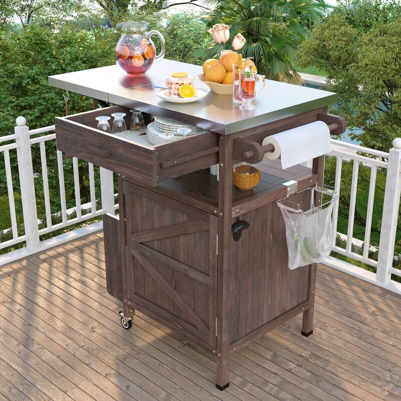 Anmytek 40.5" Outdoor Grill Cart Stainless Steel Top Rolling Kitchen Storage Island