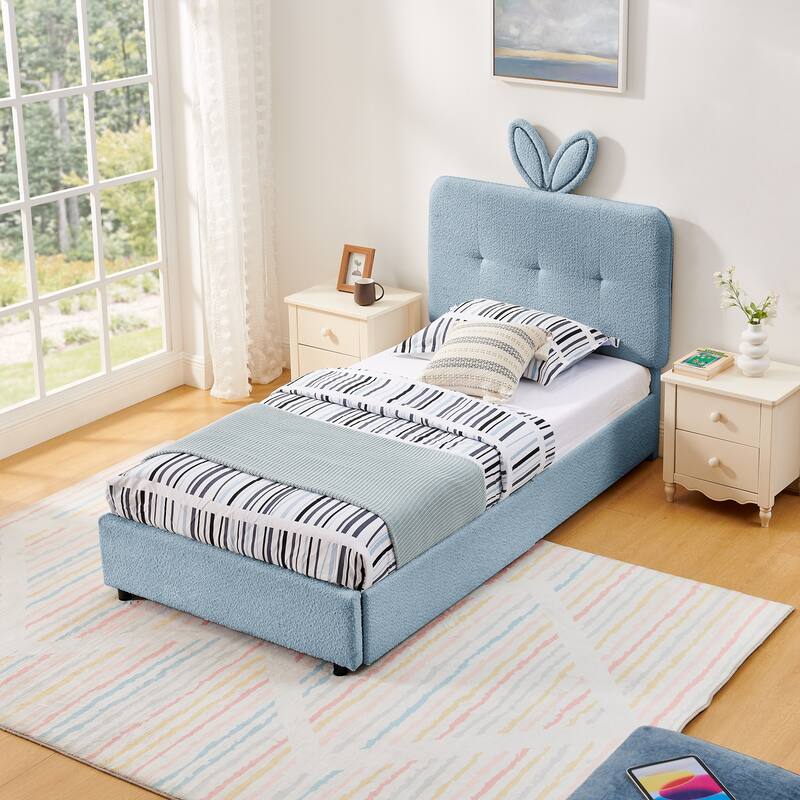 Kids Boucle Upholstered Bed with Rabbit Ear Headboard, LED Music Sync & 4 Drawers