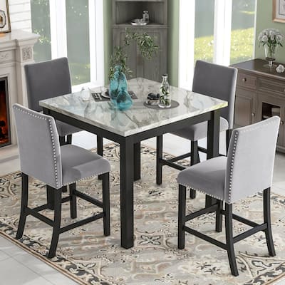 Dining Set with One Faux Marble Dining Table and Four Velvet Chairs