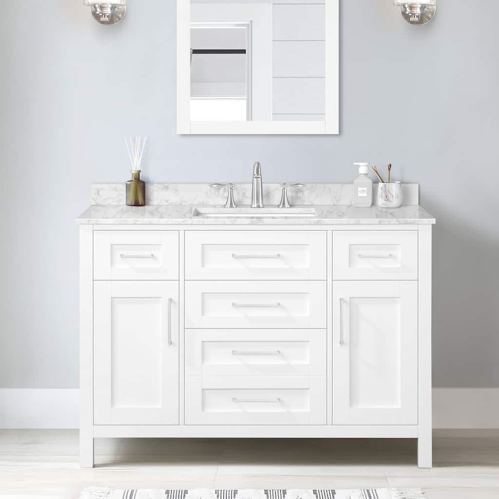 OVE Tahoe 48 in. Bathroom Vanity in Pure White with White Engineered Marble Countertop