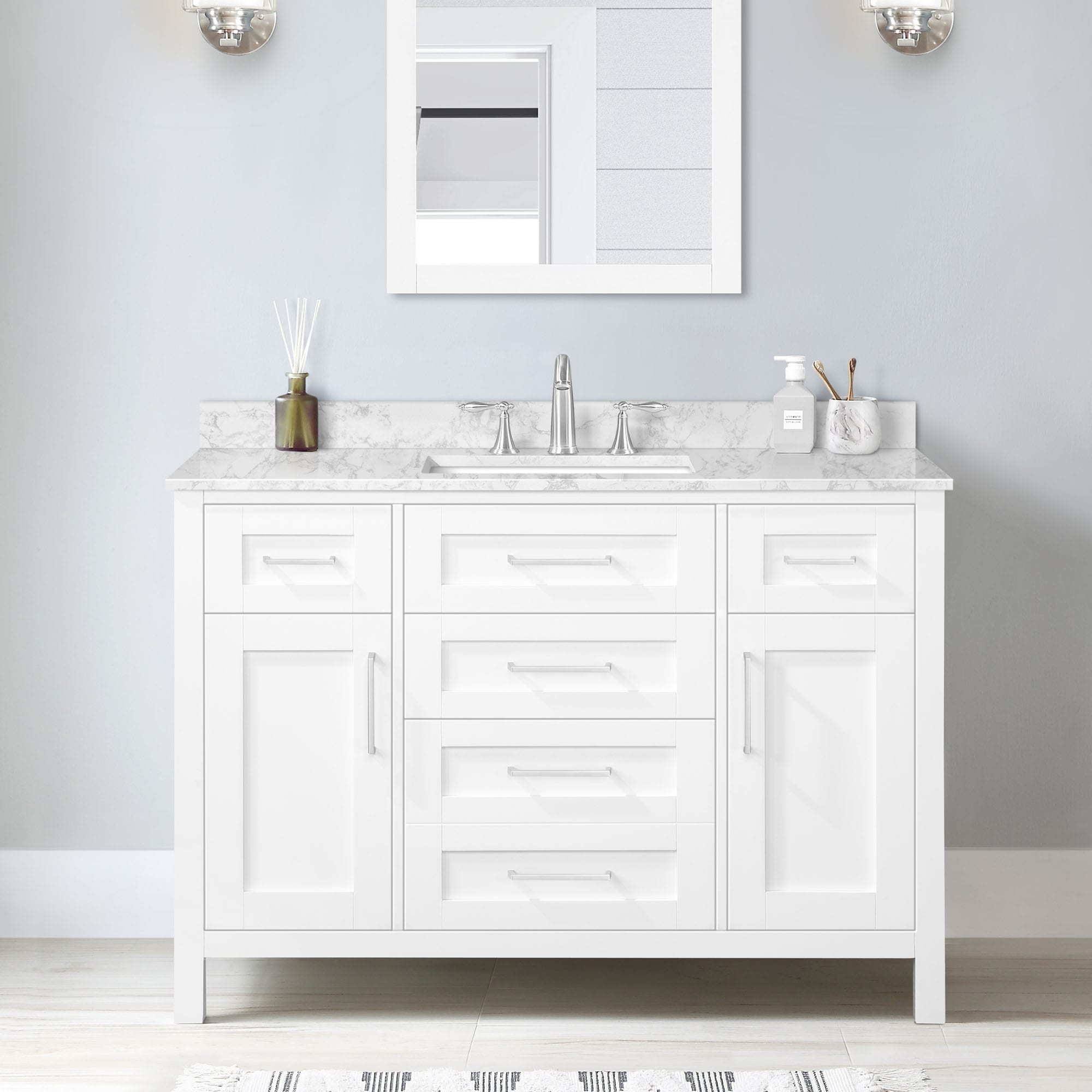 OVE Tahoe 48 in. Bathroom Vanity in Pure White with White Engineered Marble Countertop